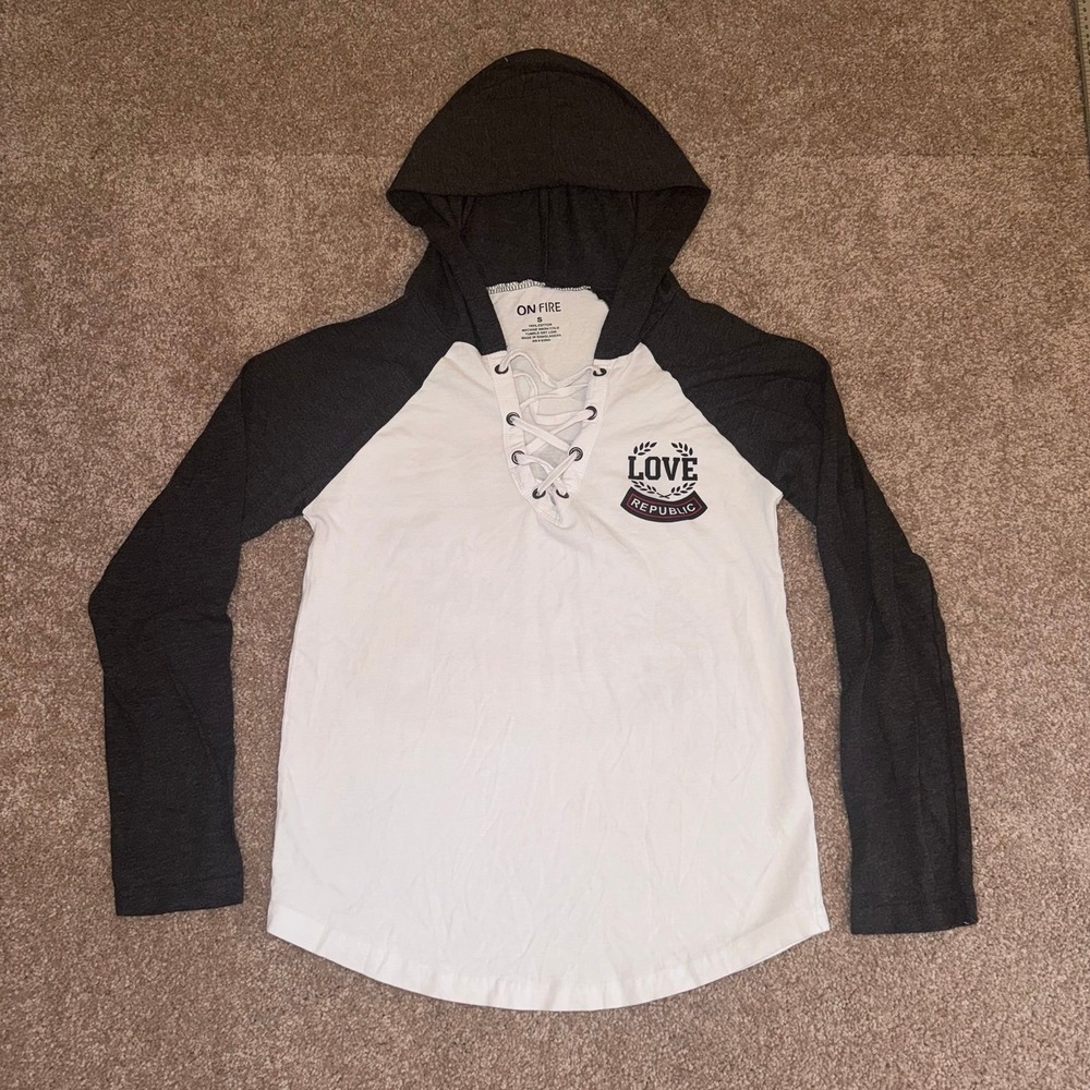 On Fire Women's White & Charcoal Grey Raglan Sleeve and Lace-Up Neckline Hoodie
